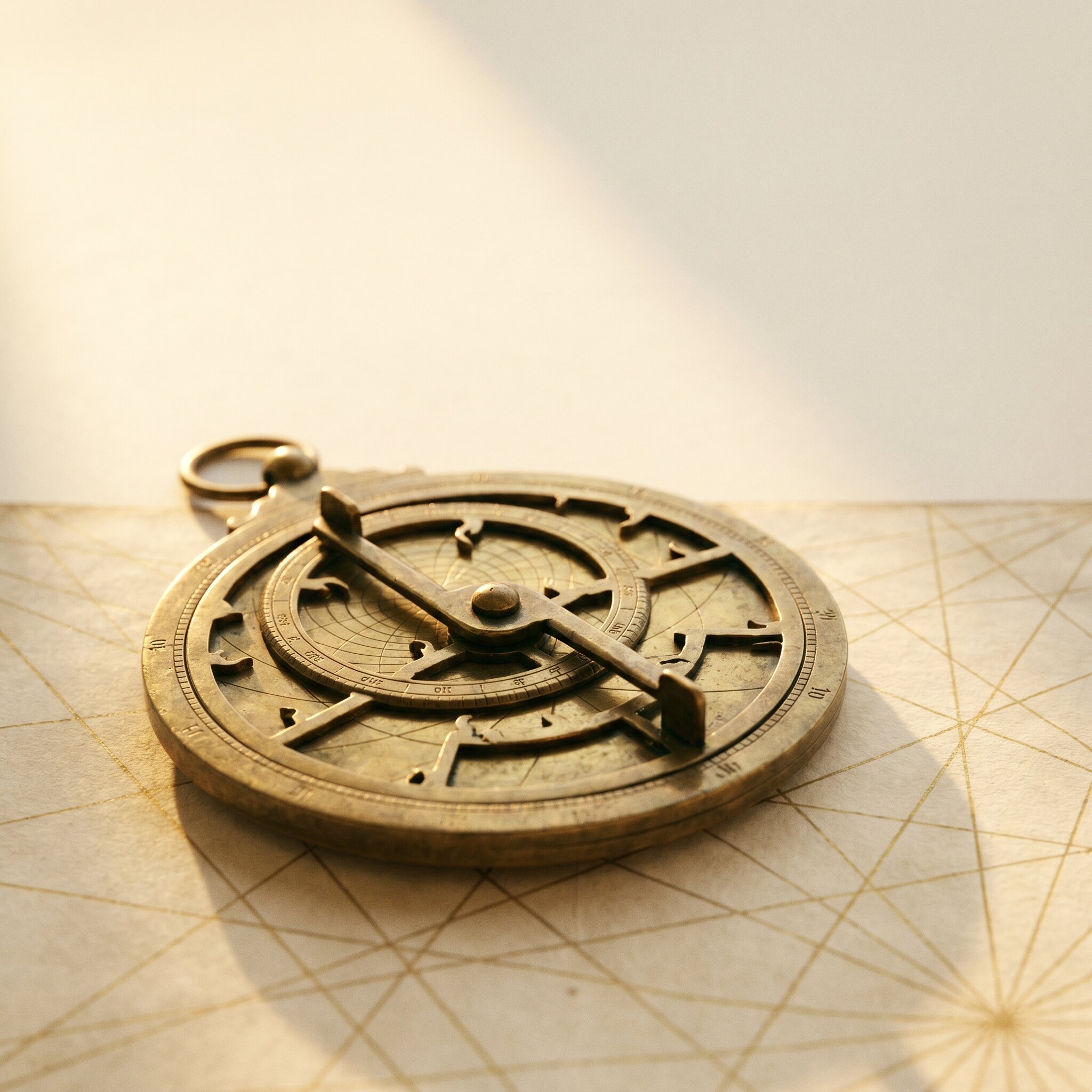 Astrolabe ancien posé sur une carte portulane, lumière dorée
